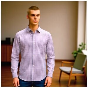 Tom James Men’s Button-Down Shirt. Purple, Gray, Black, White. 17” Neck